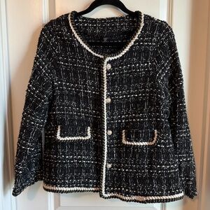 SHEIN Black and White Tweed Blazer with Gold Accents